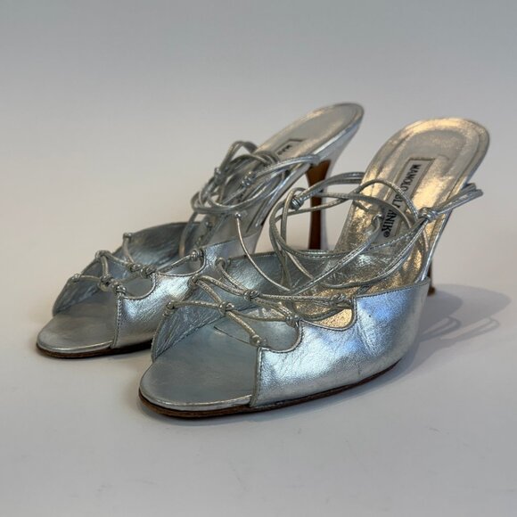 Manolo Blahnik Silver Strappy Sandals, Size 39.5 EU - Picture 1 of 16
